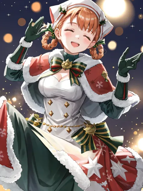 annette_hopes, 1girl, solo, breasts, closed eyes, blush, smile, open mouth, bangs, gloves, dress, cleavage, medium breasts, braid, elbow gloves, hand up, star (symbol), official alternate costume, fur trim, bell, capelet, musical note, christmas, green bow...