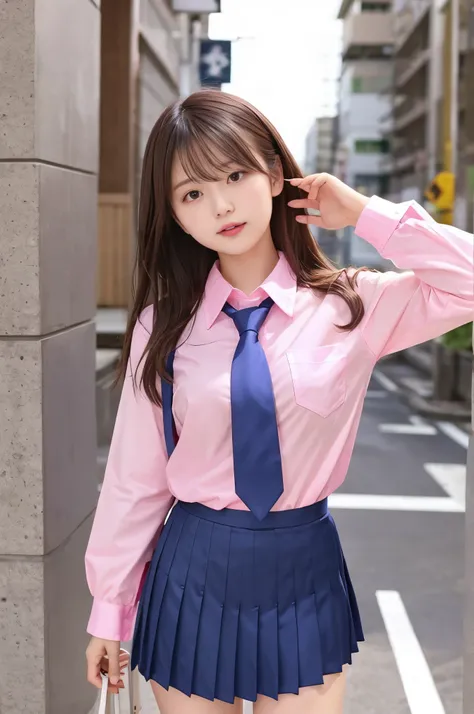 japanaese girl、Teen girls、perfect body type、Transparency、huge tit、School Uniforms、Navy blue tie、Navy blue skirt、Pink shirt、hposing Gravure Idol、shiny thighs