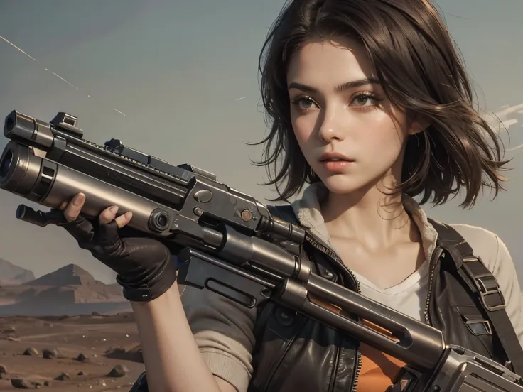 Upper body close-up image. A beautiful woman holds a small gun towards the camera. Nineteen years old. Dark brown hair. modern clothing. The location is reminiscent of Mars.