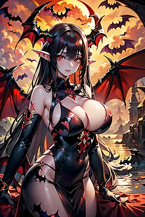 red eyes,(long black hair:1.2),long hair,face lighting,bright backlight,massive breasts,super high resolution,best quality,Photos,4k,(Realistic:1.2),longnv,1girl,fantasy,succubus character,piercing gaze,(ram horns:1.3),(bat wings:1.5),long flowing hair,cap...