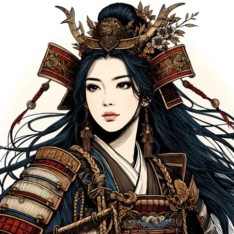 create a (32k masterpiece, best quality:1.4) coloured line art illustration of: a beautiful japanese female samurai, she is the ...