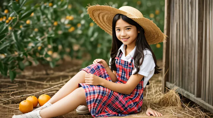 there is a young girl sitting on the floor holding a basket of oranges, wearing orange sundress, girl, cute young girl, cute girl, petite girl, by Juan OGorman, wearing a red plaid dress, wearing farm clothes, girl venizian, with straw hat, oranges, red dr...