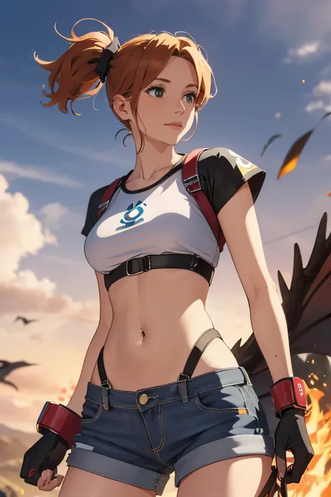 The centerpiece of the image is Misty from Pokémon, standing outdoors with a confident smile. Orange hair styled in a side ponytail, wearing denim shorts with suspenders, yellow crop top that shows off her midriff and navel. Yellow tank top. Cowboy shot po...