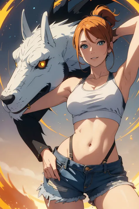 The centerpiece of the image is Misty from Pokémon, standing outdoors with a confident smile. Orange hair styled in a side ponytail, wearing denim shorts with suspenders, yellow crop top that shows off her midriff and navel. Yellow tank top. Cowboy shot po...