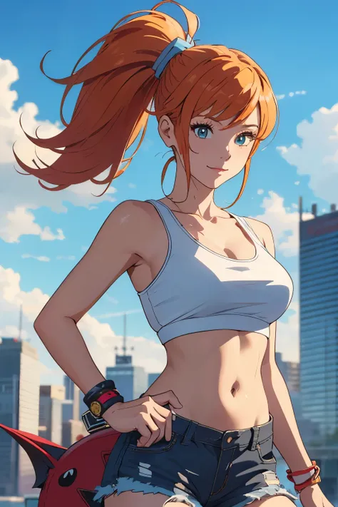 The centerpiece of the image is Misty from Pokémon, standing outdoors with a confident smile. Orange hair styled in a side ponytail, wearing denim shorts with suspenders, yellow crop top that shows off her midriff and navel. Yellow tank top. Cowboy shot po...