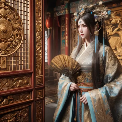 generate donghua big breast, character wearing traditional chinesse dress living at ancient chinesse era, chinesse castle, chinesse ornament,  masterpiece, hyperdetail, 8k, ambient effect, digital effect, masterpiece, best quality:1.2),(8k,highres,RAW phot...