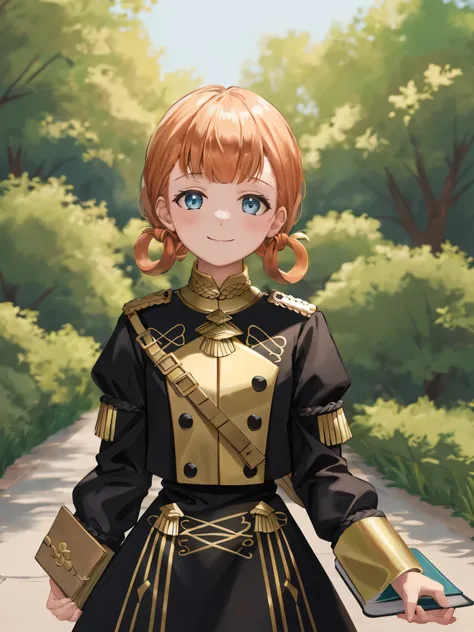 annetudent, 1girl, solo, looking at viewer, smile, holding, twintails, closed mouth, upper body, uniform, book, hair rings, holding book, garreg mach monastery uniform