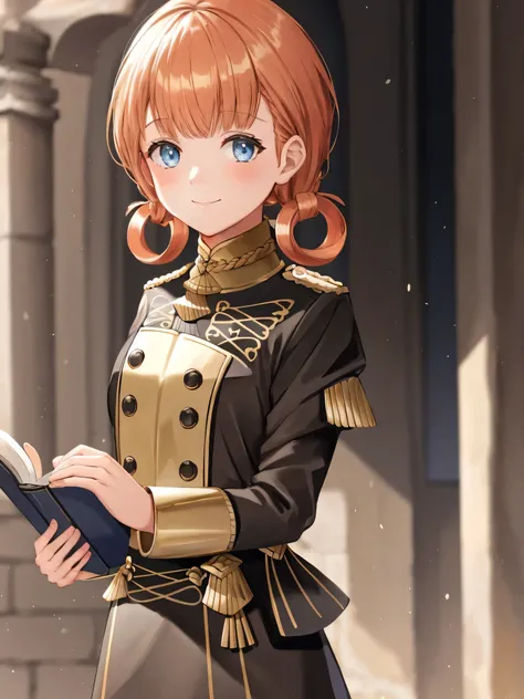 annetudent, 1girl, solo, looking at viewer, smile, holding, twintails, closed mouth, upper body, close up, uniform, reading, boo...