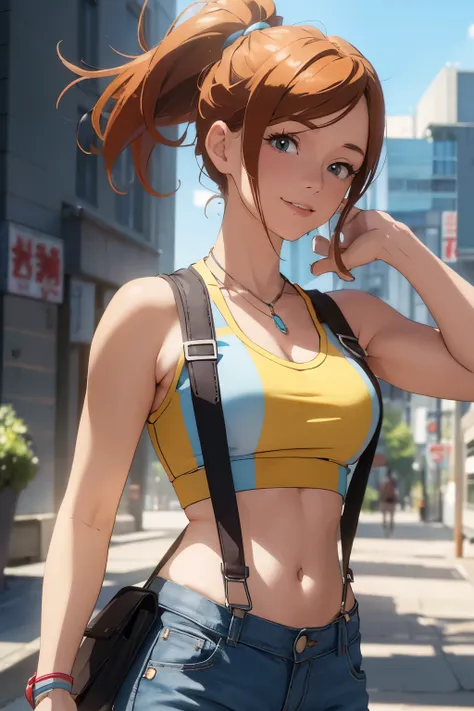 The centerpiece of the image is Misty from Pokémon, standing outdoors with a confident smile. Orange hair styled in a side ponytail, wearing denim shorts with suspenders, yellow crop top that shows off her midriff and navel. Yellow tank top. Cowboy shot po...