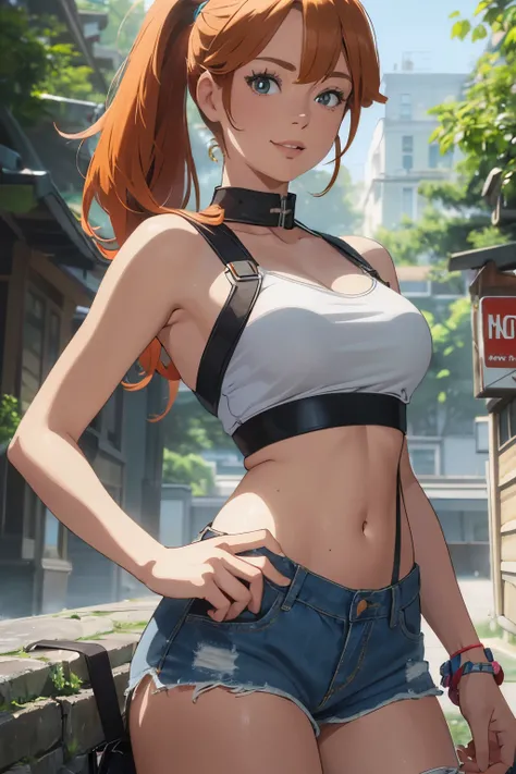 The centerpiece of the image is Misty from Pokémon, standing outdoors with a confident smile. Orange hair styled in a side ponytail, wearing denim shorts with suspenders, yellow crop top that shows off her midriff and navel. Yellow tank top. Cowboy shot po...