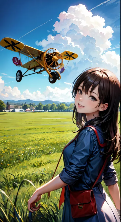 a biplane is landing on a grassy field、（a girl is next to a biplane:1.8）girls focus、smiling  girl