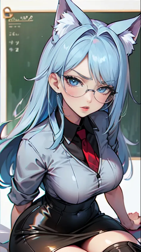 Masterpiece, beautiful art, professional artist, 8k, art style by sciamano240, very detailed face, detailed hair, detailed clothes, detailed fabric, 1girl, perfectly drawn body, beautiful face, long hair, light blue hair , very detailed blue cat eyes, wear...