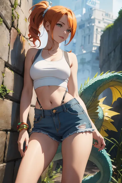 The centerpiece of the image is Misty from Pokémon, standing outdoors with a confident smile. Orange hair styled in a side ponytail, wearing denim shorts with suspenders, yellow crop top that shows off her midriff and navel. Yellow tank top. Cowboy shot po...