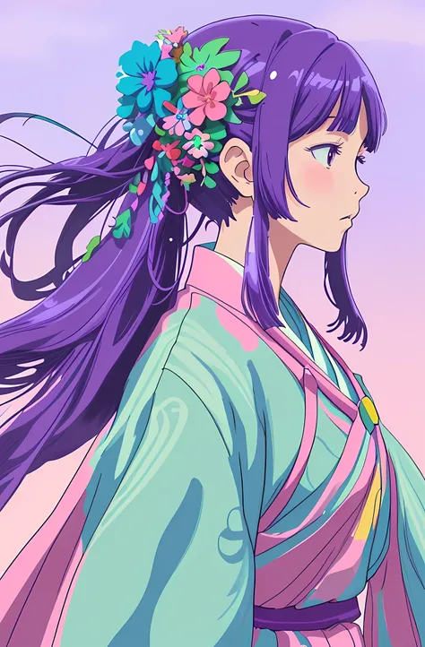 1个Giant Breast Girl, Colorful clothes, Colorful hair accessories, Purple colored hair, Detailed light blue sky background, In Studio Ghibli style, Ghibli colors, in style of hayao miyazaki, Xinjin Cheng and Xin Haicheng style