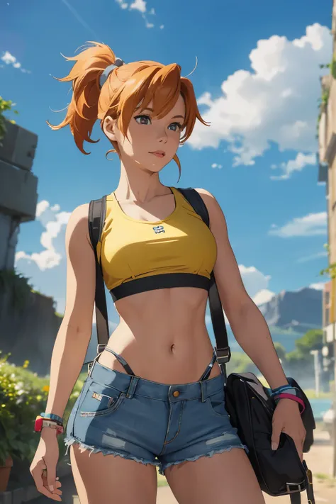 The centerpiece of the image is Misty from Pokémon, standing outdoors with a confident smile. Orange hair styled in a side ponytail, wearing denim shorts with suspenders, yellow crop top that shows off her midriff and navel. Yellow tank top. Cowboy shot po...