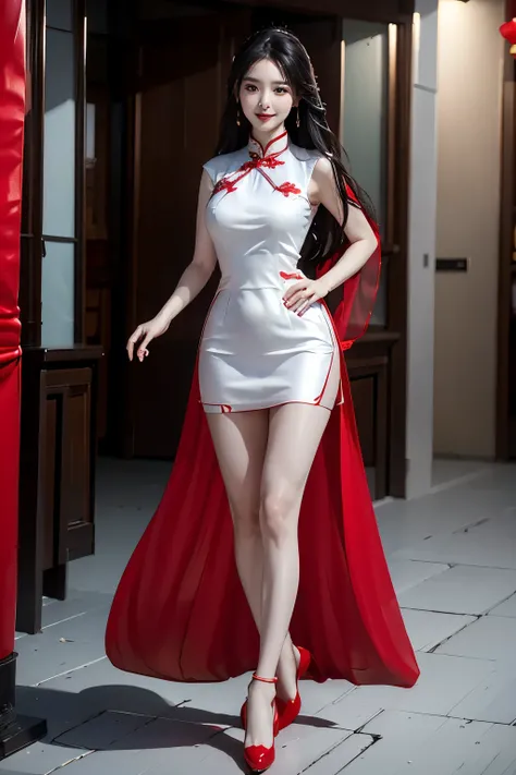 (best quality, high resolution:1.2), ultra-detailed, red cheongsam dress, Lunar New Year, Lunar New Year outfit, holding a red envelope, public display, 2b, 1 girl, veil, high resolution, shaded face, long black hair, solitary, subtle smile, full-body shot...