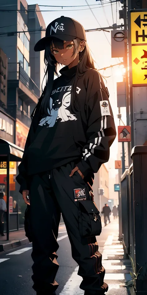 (masterpiece:1.4), 1girl, Streetwear,cargo pants, street, (masterpiece, best quality, highres, ultra detailed ), night, depth of field, absurdreasterpiece:1.4), ultra-detailed, 1girl, dark-skinned, stand up, black and yellow, long black wildly hair with wh...