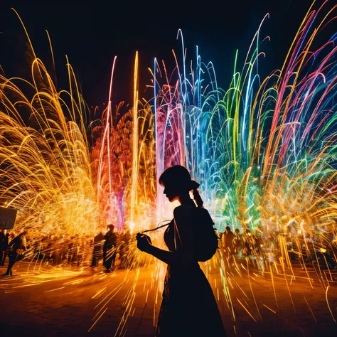 ((Ultra Long Exposure Photography)) high quality, highly detailed, Colorful beautiful woman silhouette made of millions of ultra bright neon strings, beautiful silhouette, by yukisakura, high detailed,