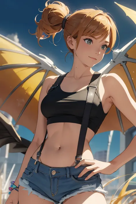 The centerpiece of the image is Misty from Pokémon, standing outdoors with a confident smile. Orange hair styled in a side ponytail, wearing denim shorts with suspenders, yellow crop top that shows off her midriff and navel. Yellow tank top. Cowboy shot po...