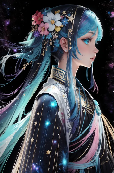 A girl with rainbow-colored hair，s the perfect face，A flower stuck in his hair，Exquisite cyan dress armor, cosmic nebula background, As estrelas, galaxias, Complicated details,