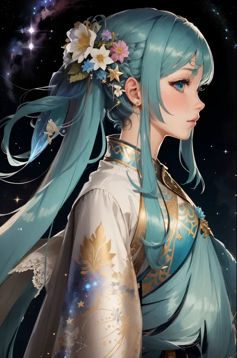 A girl with rainbow-colored hair，s the perfect face，A flower stuck in his hair，Exquisite cyan dress armor, cosmic nebula background, As estrelas, galaxias, Complicated details,