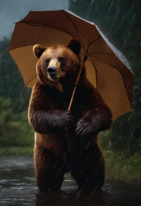 (Professional 3D rendering:1.3) Inside (actual:1.3)  heavy rain poured,（strong bear）