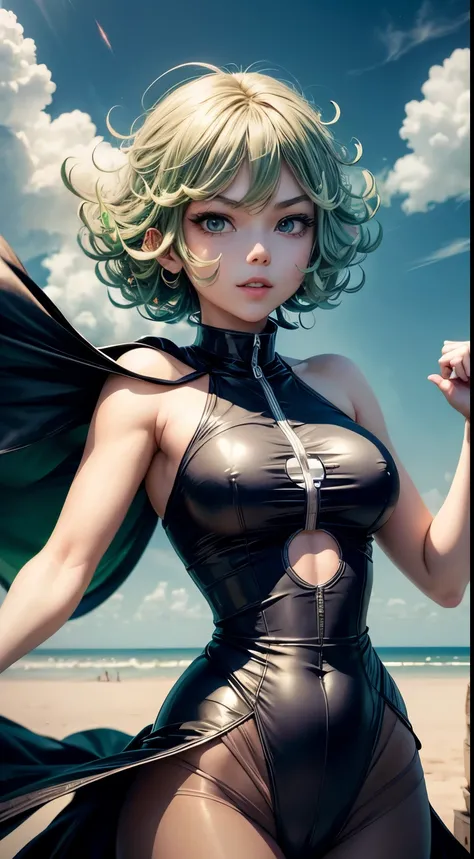 Tatsumaki de one punch man, seios muito pequenos, seios pequenos, voando, heaven, nuvens, sol, nuvens detalhadas, sorriso, feliz, (melhor qualidade), (ultra detalismo), (otima qualidade), (melhor qualidade), (master part)