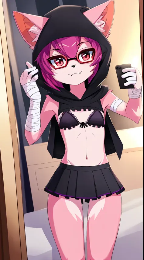 Furry girl, young, bat, magenta hair, spiky hairstyle, spiky ponytail, spiky side hair, emo girl, red eyes, two tone body fur, pink body fur, clear pink body fur, small breasts, bat wings on back, fangs, ((red glasses, black hood on head, black vest, open ...