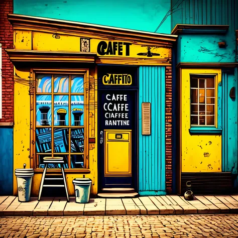 café, Clothing, Old-fashioned, trendy, Basquiat style, van gogh style, Coexistence of past and future, space without people