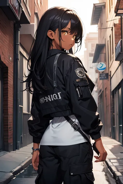 (masterpiece:1.4), 1girl, Streetwear, cargo pants, street, (masterpiece, best quality, highres, ultra detailed ), night, depth of field, absurdreasterpiece:1.4), ultra-detailed, 1girl, dark-skinned, stand up, black and yellow, long black wildly hair with w...