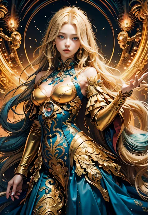 (masutepiece, of the highest quality, Best Quality, Official art, Beautiful and aesthetic:1.2), (1girl in), ighly detailed,(Fractal Art:1.3),Colorful,highest details, she has long blonde hair and blue eyes, , she is wearing a golden luxurious dress