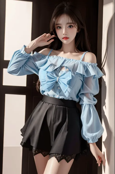 Sweet girl clothes7,skirt,, Best quality at best，tmasterpiece，A high resolution，1 busty girl，dingdall effect，realistically，edge lit，two color lights，（highdetailskin：1.2），8k ultra high definition，pure，Dolce，Based on physical rendering，Perfect light and shad...