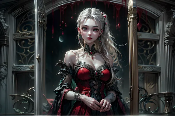 icture of vampire standing in the front of her home, an exquisite beautiful female vampire in her front door of her home, full b...