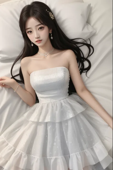 Sweet girl clothes4,strapless dress,jewelry, （非常详细的 CG 统一 8k 壁纸），most beautiful artwork in the world，1girl，The upper part of the body，kpop idol，jisoo，