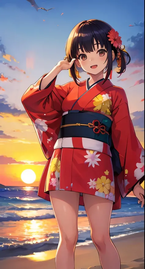 1girl, solo, kimono, bangs,happy,posing, multicolored hair, beach background, (masterpiece:1.2), highres, best quality, 8k, sunset beach background