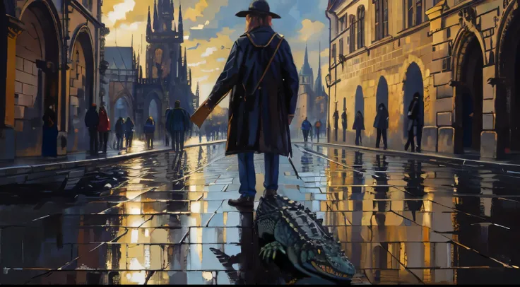 Alligator tourist in Prague, old oil painting