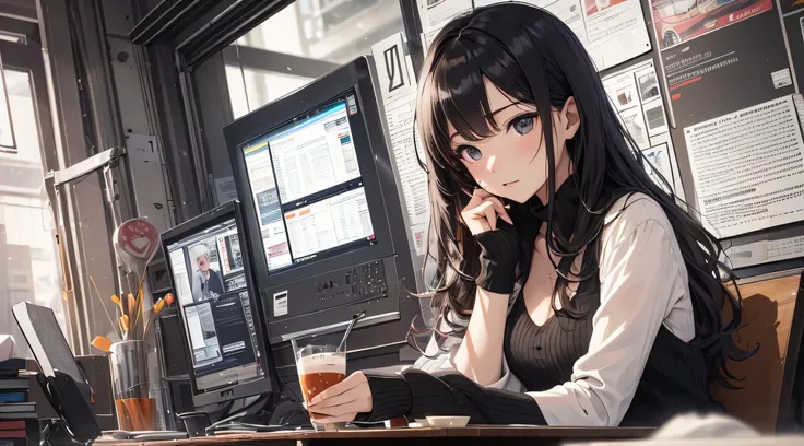 top-quality、Top image quality、​masterpiece、Teenage girl((Black Suit、18year old、 Ager、Best Bust、big bast,Black eyes, Long Black Hair、A slender,Large valleys、sit a chair、Operating a computer)),hiquality、Beautiful Art、Background with((Calm room、bookcase、black...