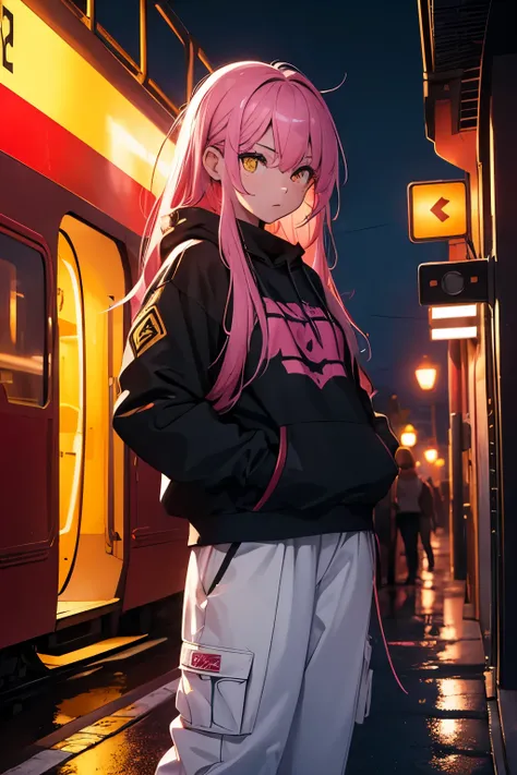 (masterpiece:1.4), 1girl, yellow Streetwear, cargo pants, street, (masterpiece, best quality, highres, ultra detailed ), night, depth of field, absurdreasterpiece:1.4), ultra-detailed, 1girl, dark-skinned, stand up, black and yellow, long black wildly hair...