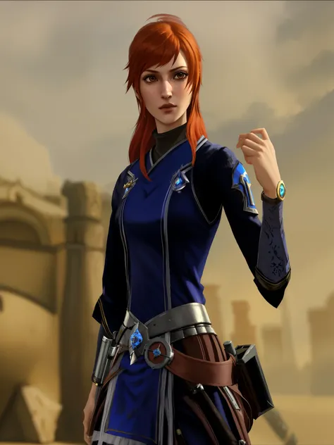 mulher arafada em uma roupa azul segurando uma arma e uma arma, female redhead templar, mortos ou vivos 6, como personagem em tekken, female leaPersonagem D, estilo final fantasy 14, protagonista feminina 👀 :8, protagonista feminina, Ciarina, video game ch...