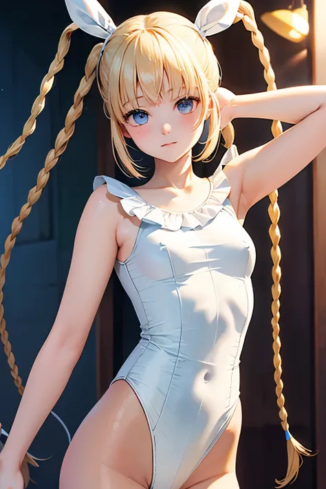 the real thing、女の子1人、17 age、a blond、Embarrassed face, Longhaire、Braids、Twin-tailed、((white  leotard:1.5)), ((Breasts with visible nipples)), ((Slim waist))、a wet body、cowboy  shot、Forward-facing、Shiny body、pee、Looking at the camera、((genitals are visible))...