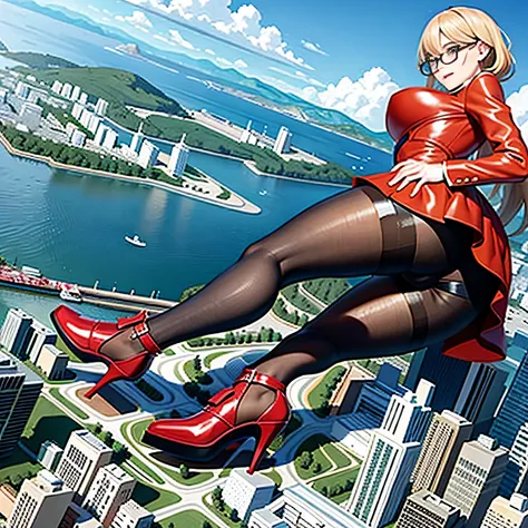 der riese art, 非常に詳細なder rieseショット, der riese, Shorthair, Giant woman bigger than a skyscraper, Wearing rimless glasses, Colossal tits, Big ass, Red Santa Dresses, Black pantyhose, Her shoes are high heels and stiletto red sandals., very small metropolis, ...