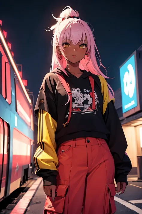 (masterpiece:1.4), 1girl, yellow Streetwear, cargo pants, street, (masterpiece, best quality, highres, ultra detailed ), night, depth of field, absurdreasterpiece:1.4), ultra-detailed, 1girl, dark-skinned, stand up, black and yellow, brown skin, long black...