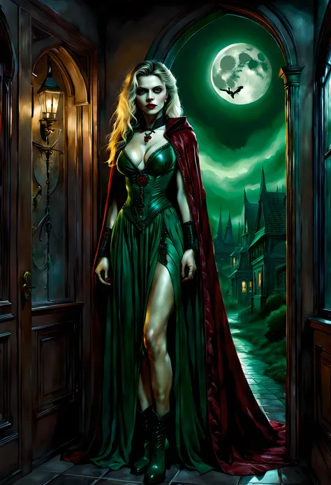 a picture of vampire standing in the front of her home, an exquisite beautiful female vampire in her front door of her home, full body (ultra detailed, Masterpiece, best quality), ultra detailed face (ultra detailed, Masterpiece, best quality), grey skin: ...