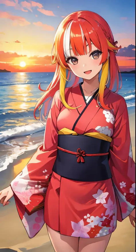 1girl, solo, kimono, bangs,happy,posing, multicolored hair, beach background, (masterpiece:1.2), highres, best quality, 8k, sunset beach background