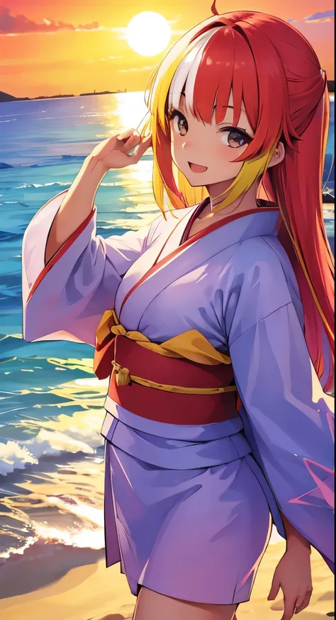 1girl, solo, kimono, bangs,happy,posing, multicolored hair, beach background, (masterpiece:1.2), highres, best quality, 8k, sunset beach background