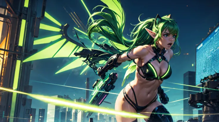 cyberpunk, elf girl, cat ears, neon green hair, wings, electronic wings, cute face, city, lightning strike, dramatic, bikini, cyber robot companion sphere

(best quality,4k,8k,highres,masterpiece:1.2),ultra-detailed,(realistic,photorealistic,photo-realisti...