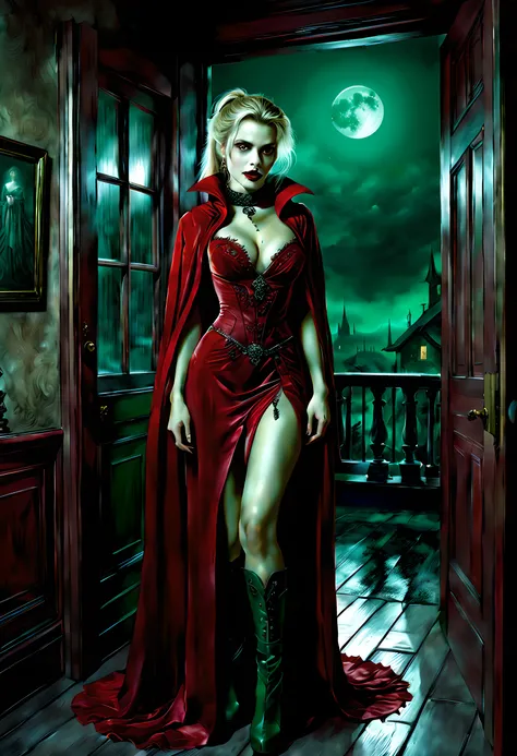 a picture of vampire standing in the front of her home, an exquisite beautiful female vampire in her front door of her home, full body (ultra detailed, Masterpiece, best quality), ultra detailed face (ultra detailed, Masterpiece, best quality), grey skin: ...