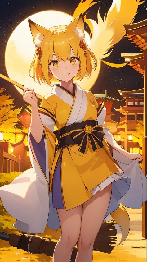 one girls。Cute little girl s。Yellow hair。short-hair。yellow fox ears。yellow fox tail。A slight smil。see the beholder。Japan priestess costume。hold a long broom with both hands。The background is a shrine of Japan。