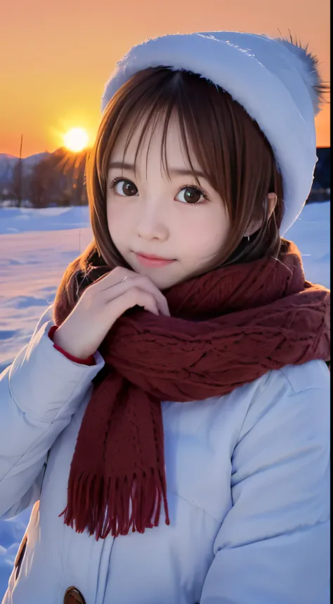 (Close up face shot of a round face brown short hair girl wearing winter clothes and scarf :1.5)、(The girl turns around with a small smile on her face.:1.5)、(Girls hair fluttering in the wind:1.5)、(Big sunset red sky covered with beautiful snow:1.5)、(Perfe...