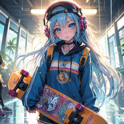 (Best Quality, masutepiece),ultra detailed photographic,1girl in, female skateboarder ,Large breasts,nice legs,Shoot the ball,At the skateboarding venue,Detailed beautiful face,Beautiful eyes,detailed hairs,detailed clothes,Detailed realistic skin,Cool,Dy...